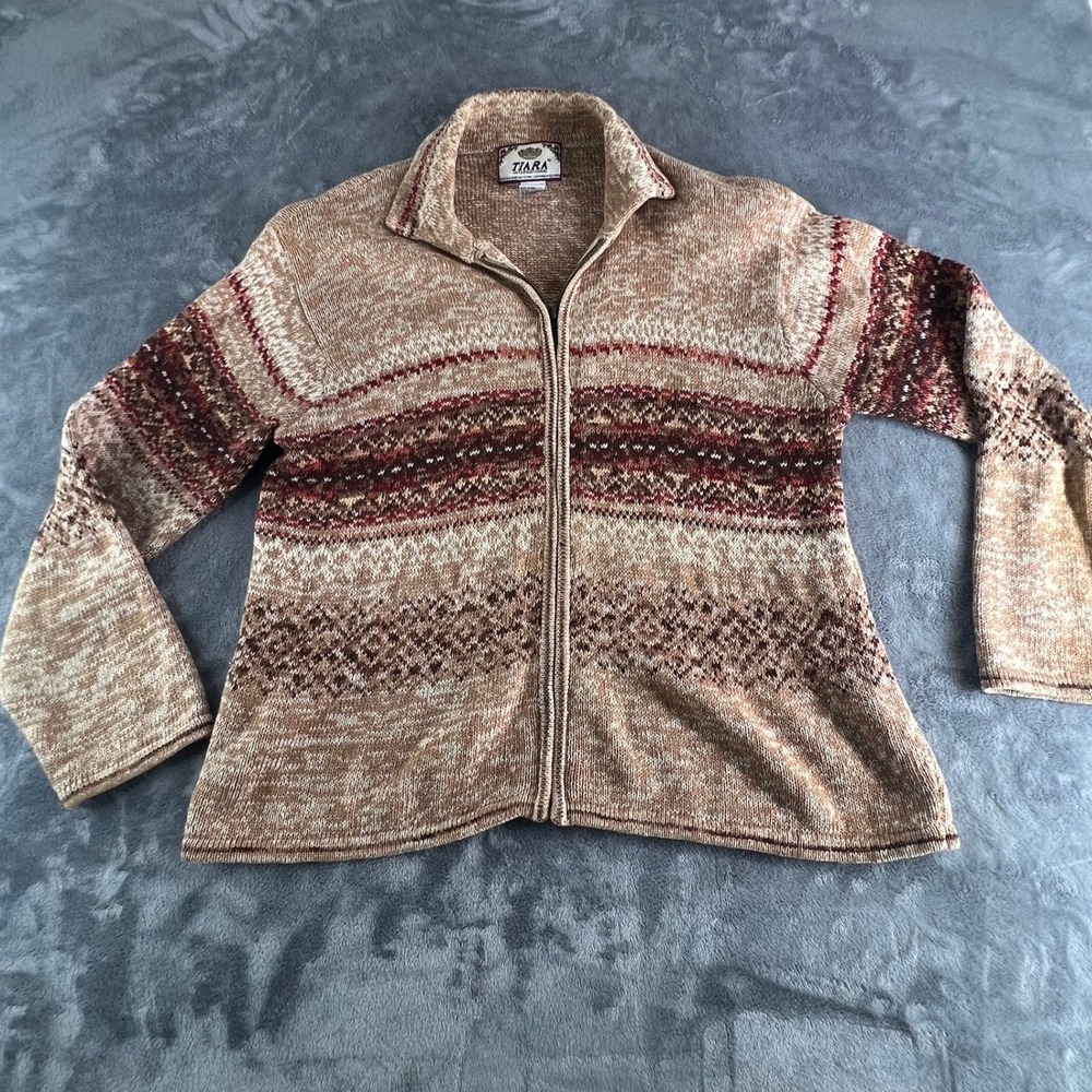 Vintage Tiara International Fair Isle Full Zip Sweater Tan Brown Ramie Cotton L